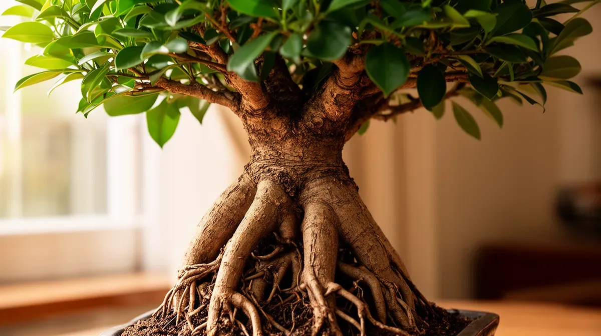 Gros plan sur le tronc renflé et les racines aériennes d'un ficus ginseng