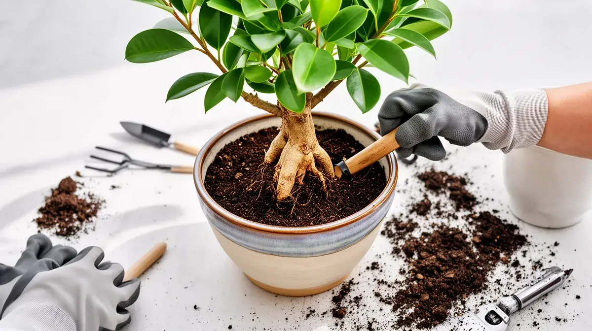 Rempotage d'un ficus ginseng dans un nouveau pot en céramique, vue de dessus