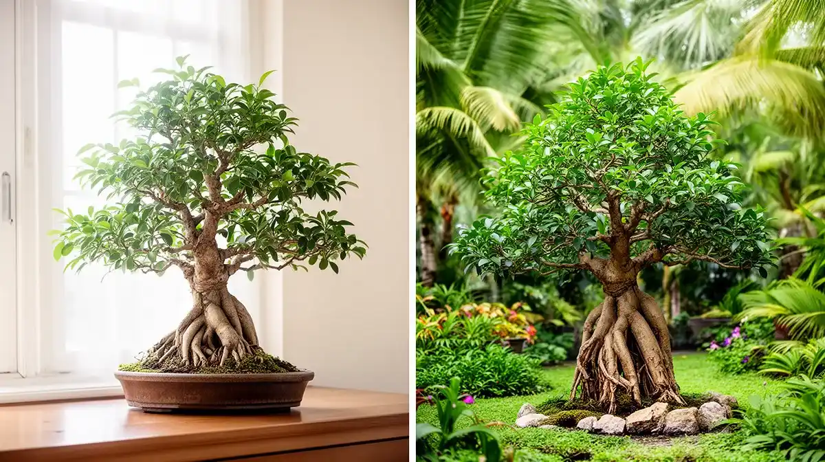 Comparaison entre un ficus ginseng cultivé en intérieur près d'une fenêtre et un autre en extérieur dans un jardin tropical
