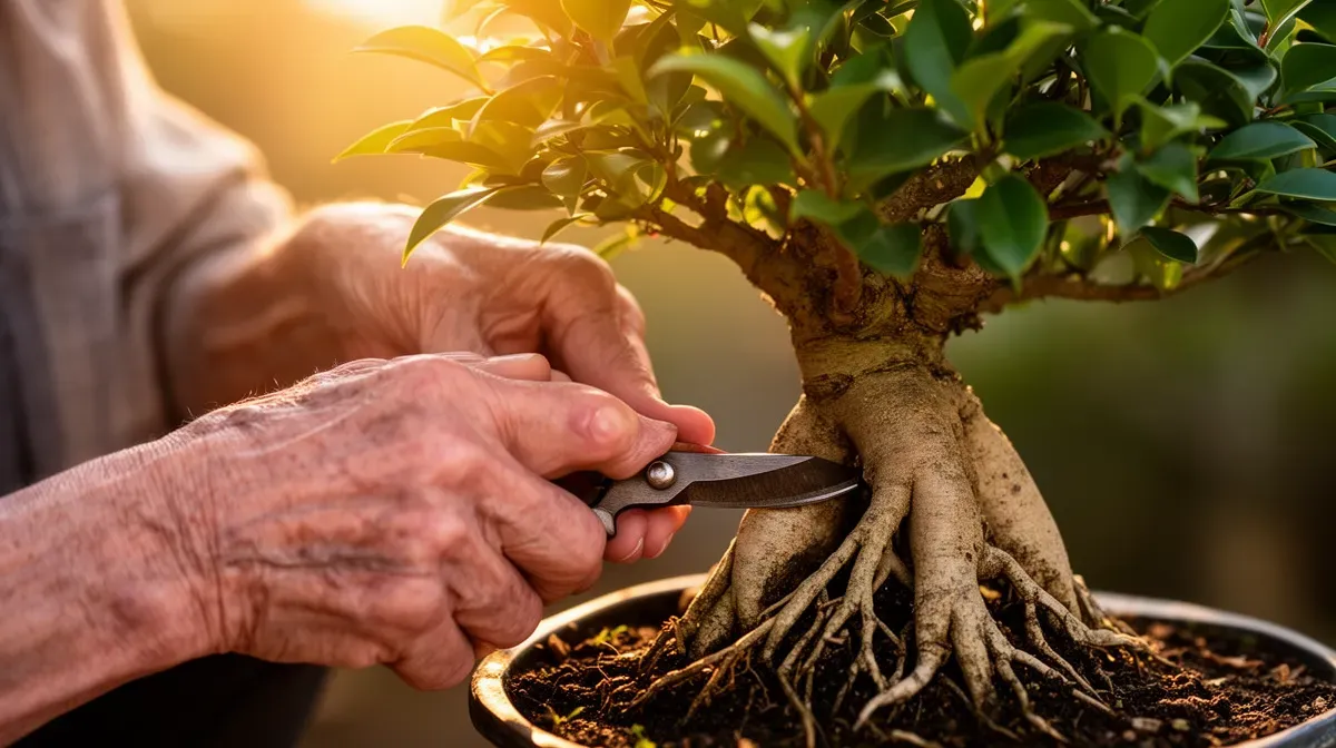 Mains âgées taillant délicatement un ficus ginseng, évoquant une longue relation avec la plante