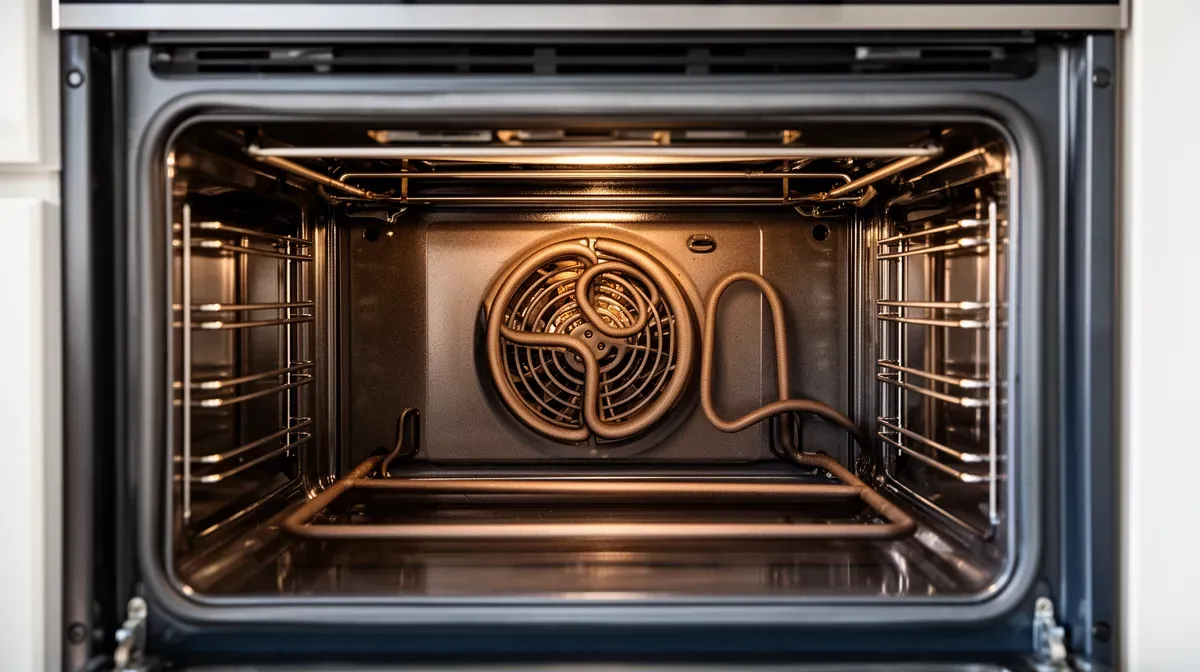 Vue de l'intérieur d'un four avec la résistance et le ventilateur pour illustrer les pannes internes