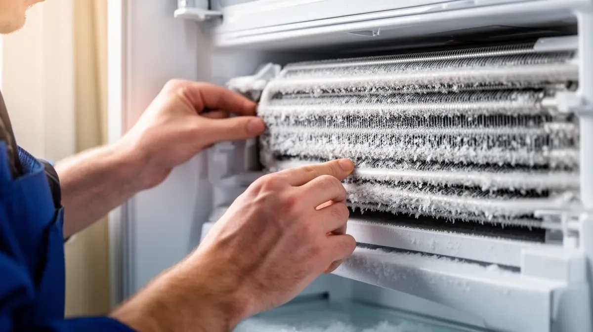 Gros plan sur le givre accumulé derrière le panneau arrière d'un réfrigérateur Daewoo