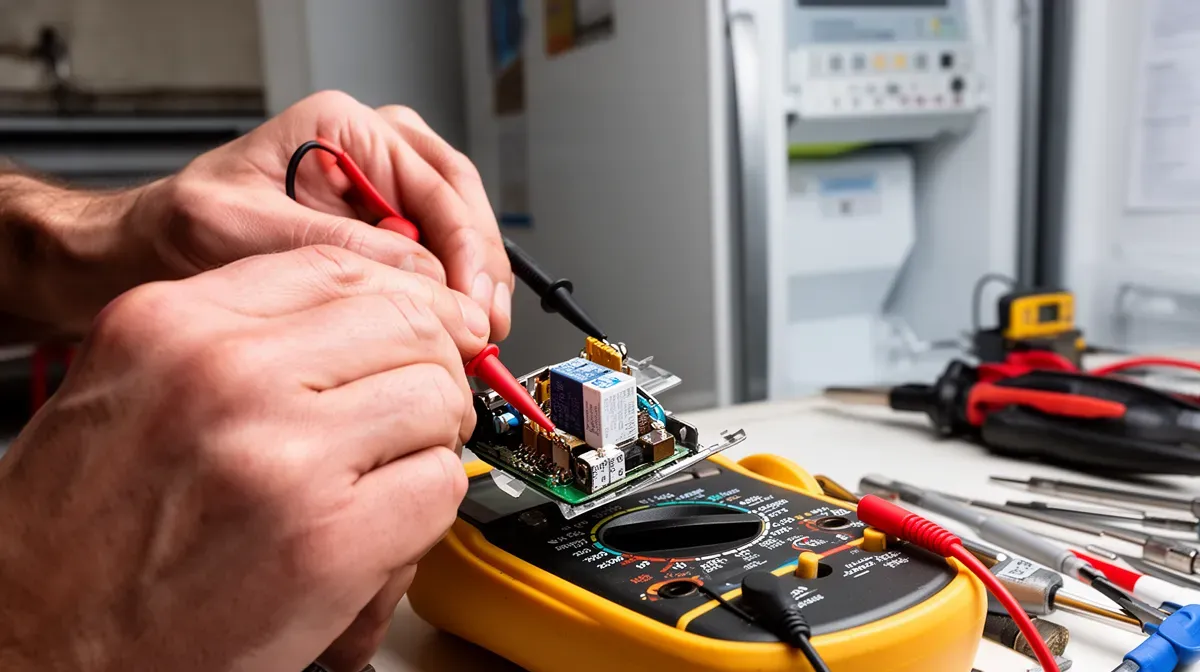 Test du relais de démarrage avec un multimètre lors du diagnostic d'un réfrigérateur