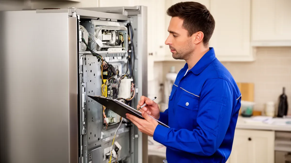 Technicien professionnel inspectant un réfrigérateur pour établir un diagnostic et un devis