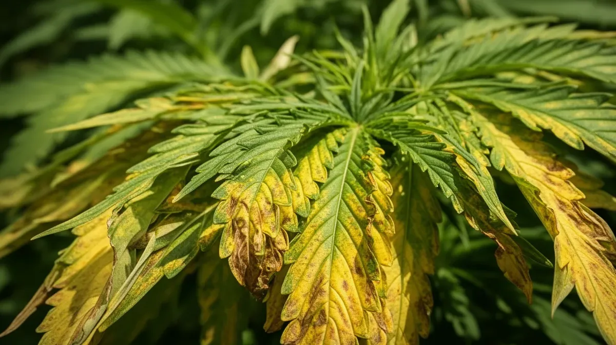 Feuilles d'adventices jaunissantes après traitement au glyphosate