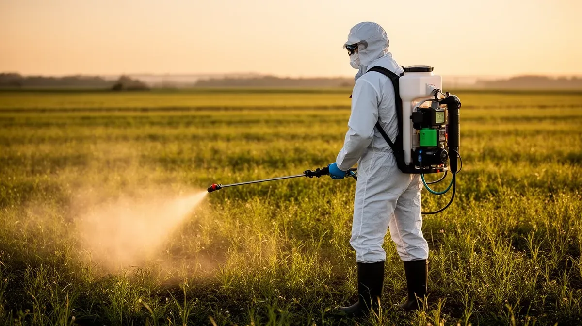 Personne équipée d'un pulvérisateur à dos appliquant un herbicide dans un champ