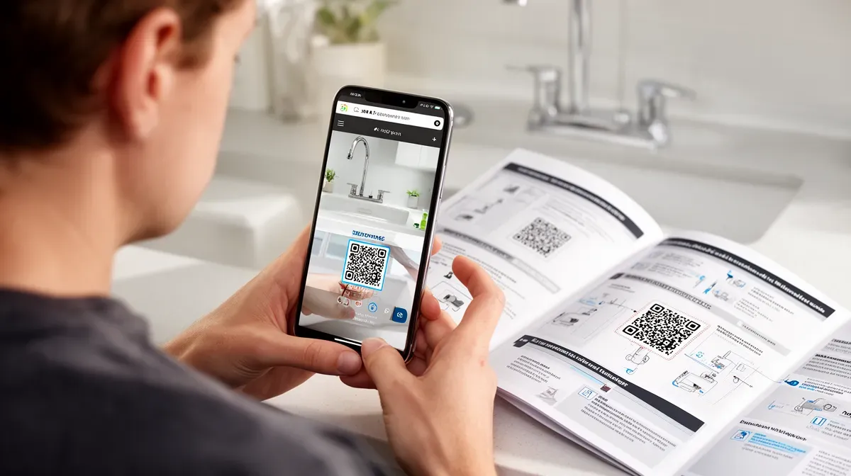 Utilisation d'un smartphone pour scanner un QR code sur un guide d'installation de robinet