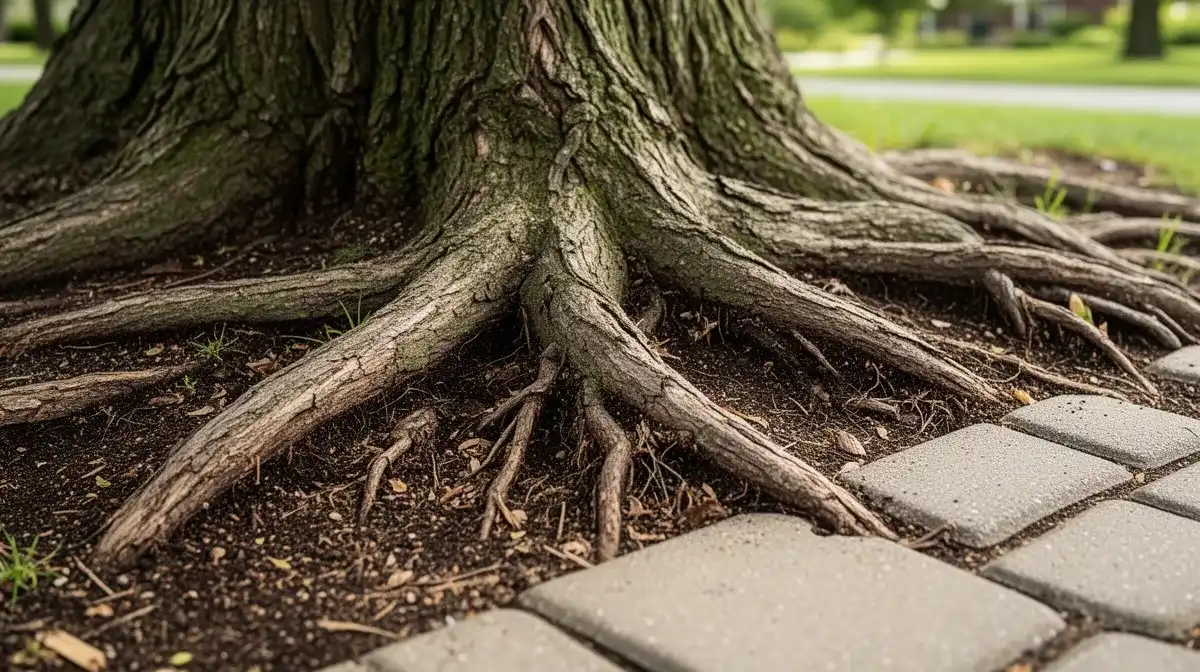 Système racinaire superficiel du catalpa soulevant des dalles de terrasse