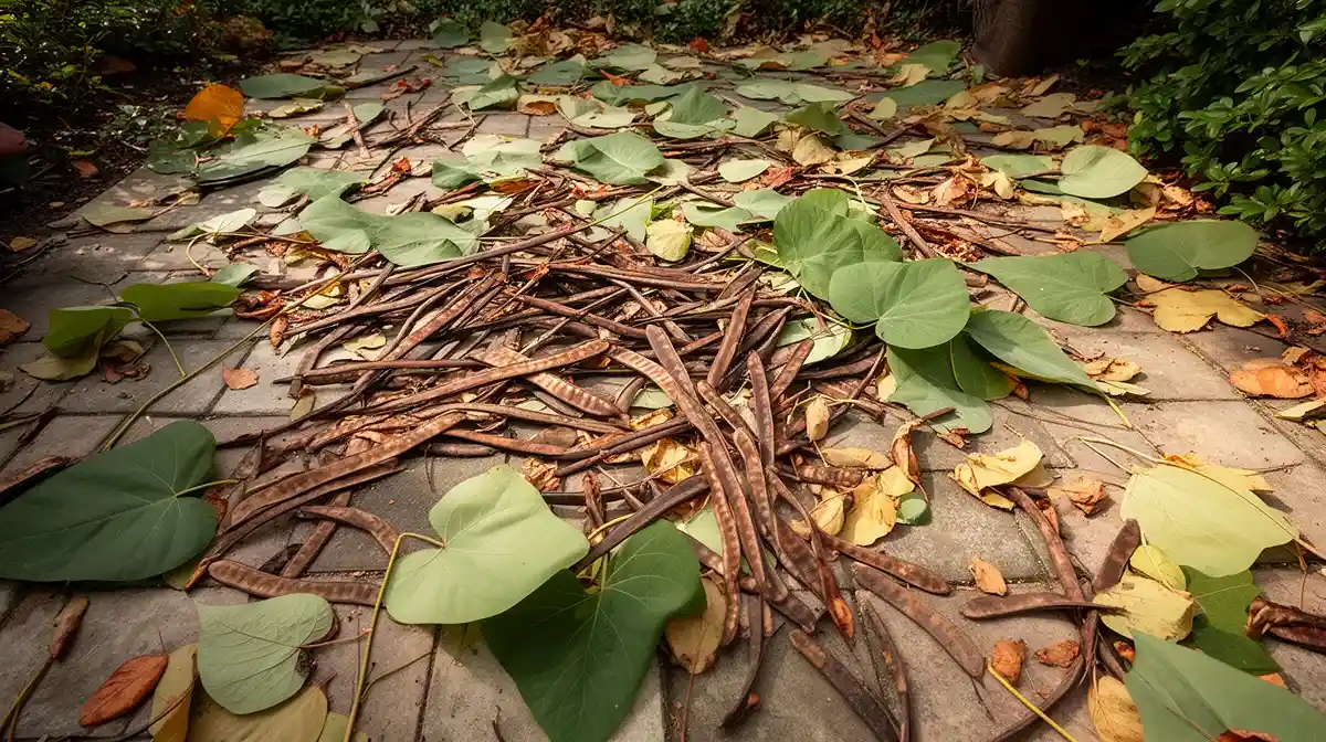 Débris de catalpa : gousses et grandes feuilles jonchant une terrasse en pierre en automne