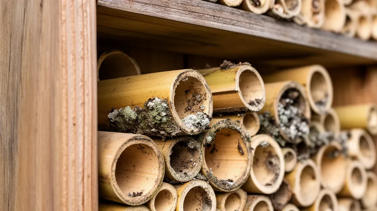 Gros plan sur des tubes de bambou d'un hôtel à insectes, certains vides ou moisissants