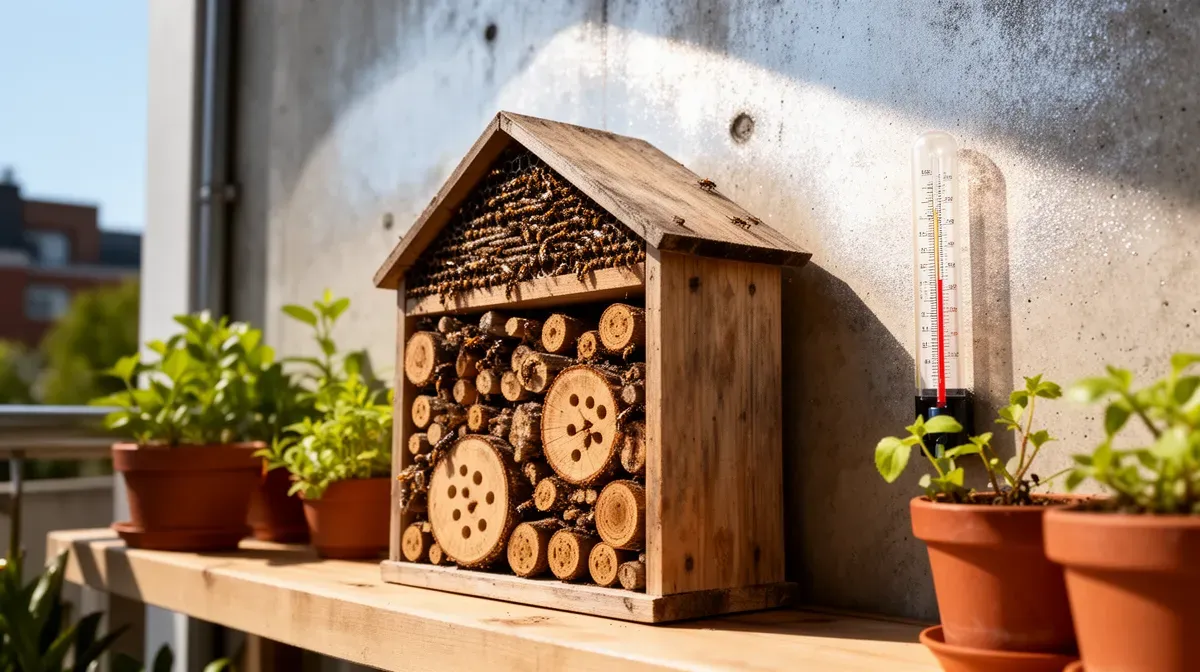 Hôtel à insectes sur un balcon ensoleillé, exposé à la chaleur d'un mur en béton