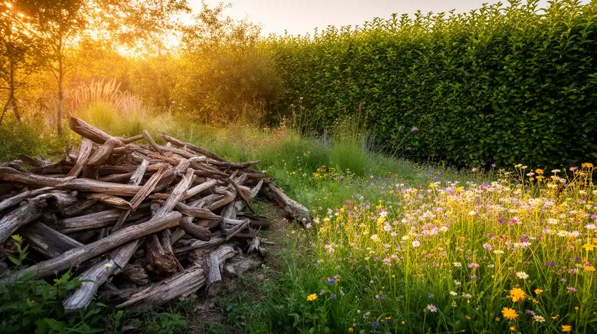 Jardin naturel avec tas de bois mort, friche fleurie et haie, micro-habitats pour la biodiversité