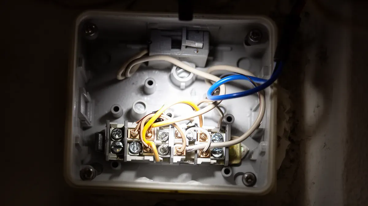 Boîte de dérivation électrique ouverte avec fils dénudés, montrant un neutre desserré