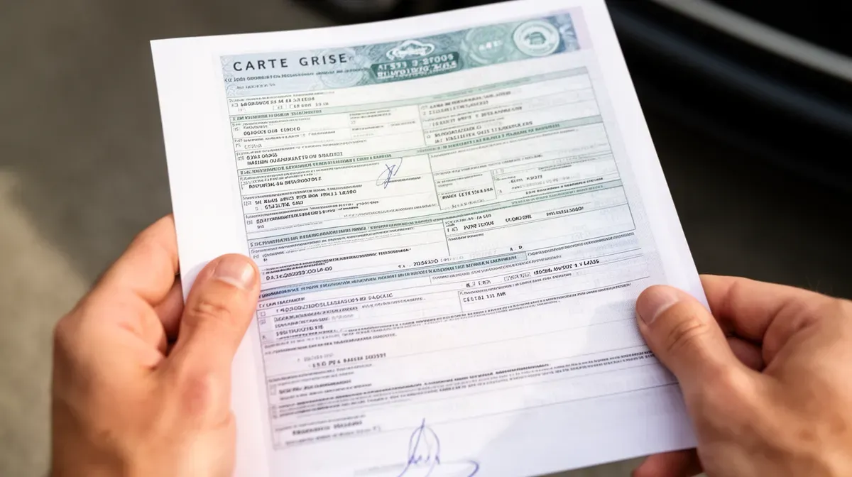 Document d'immatriculation d'un véhicule tenu dans les mains, pour vérifier la compatibilité éthanol via les codes FE, FG, FN