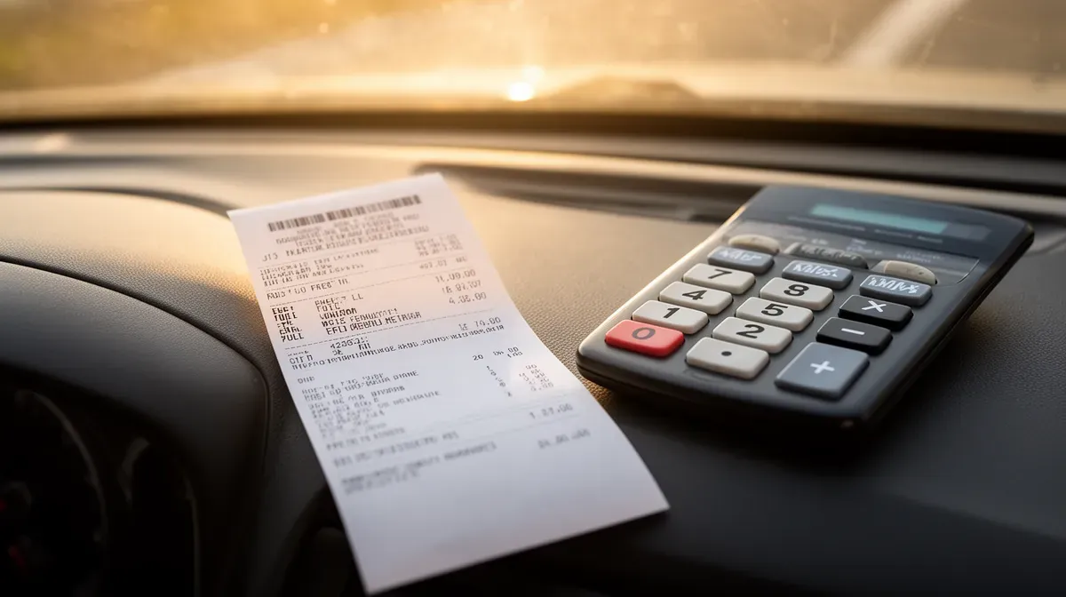 Ticket de carburant et calculatrice sur le tableau de bord d'une voiture, illustrant les économies réelles liées à l'éthanol