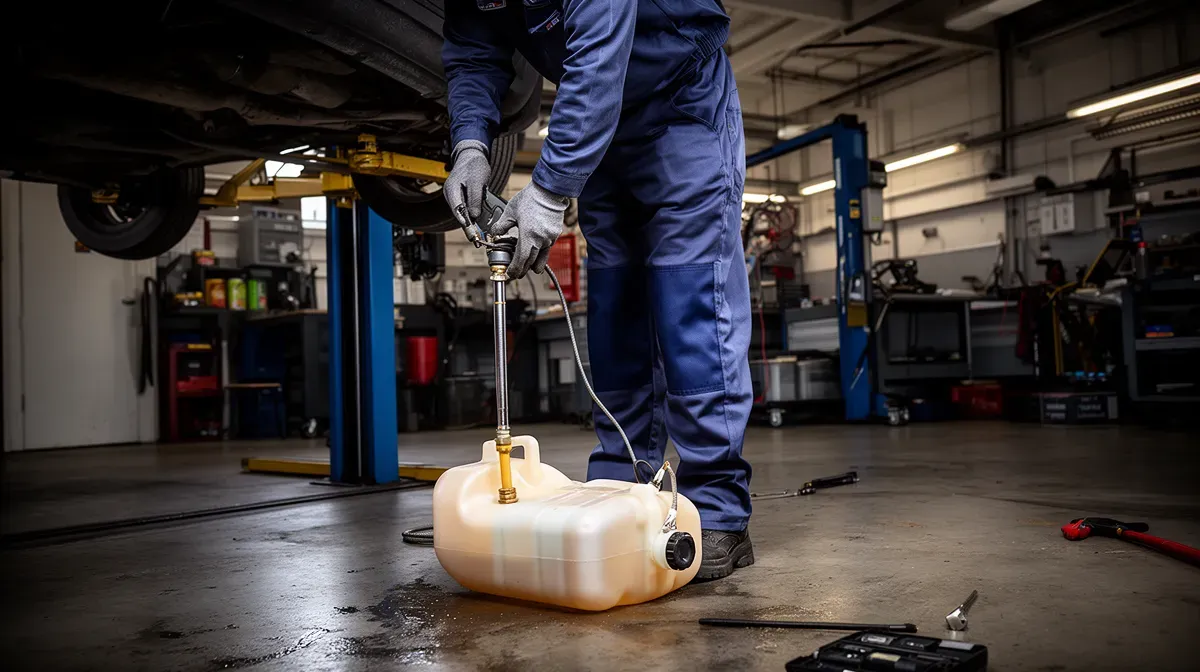 Mécanicien vidangeant un réservoir de carburant dans un garage, après une erreur de plein d'éthanol