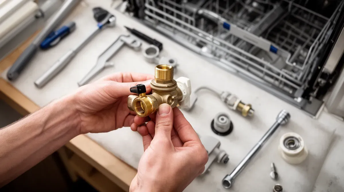 Mains d'un technicien tenant une électrovanne neuve pour lave-vaisselle sur un établi