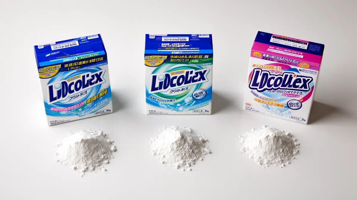 Trois formules de lessive en poudre alignées, illustrant les différents niveaux de danger