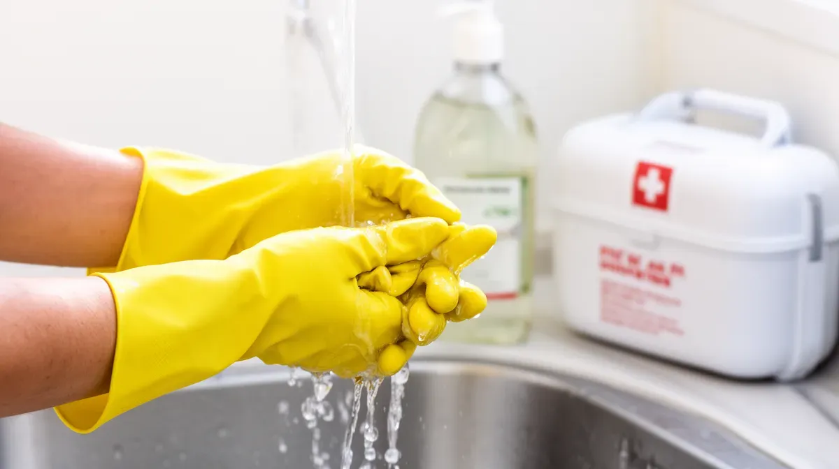Mains portant des gants en caoutchouc se rinçant sous l'eau, geste de premiers secours après contact avec un produit irritant