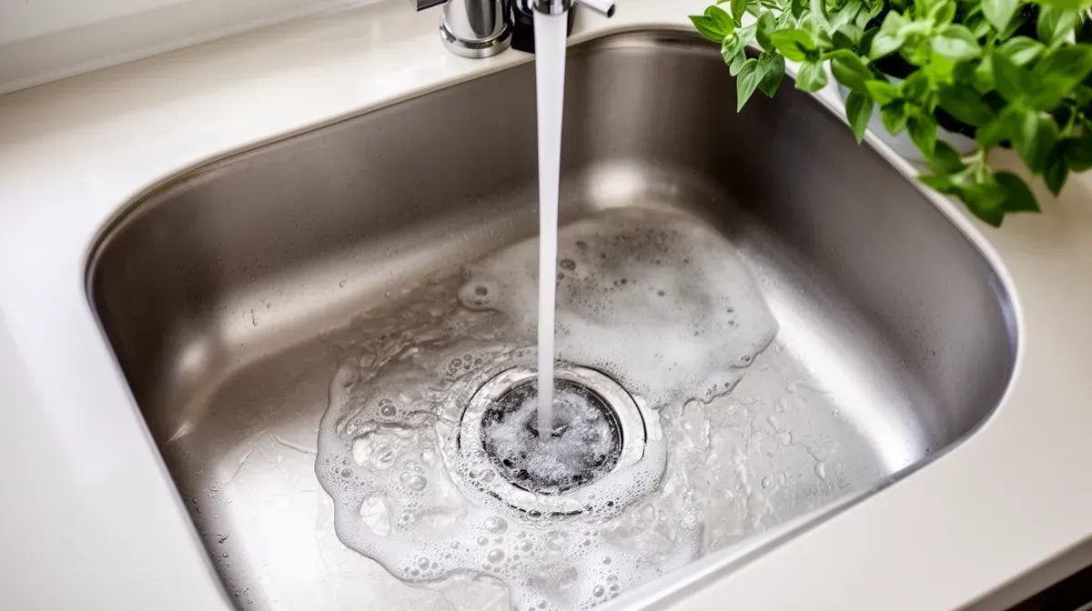 Eau savonneuse s'écoulant dans une évacuation, illustrant la pollution aquatique par les lessives