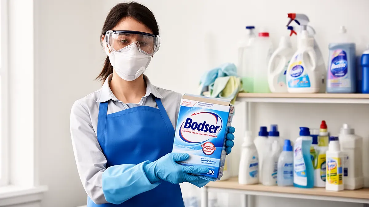 Personne équipée de gants, lunettes de protection et tablier manipulant une boîte de lessive en toute sécurité