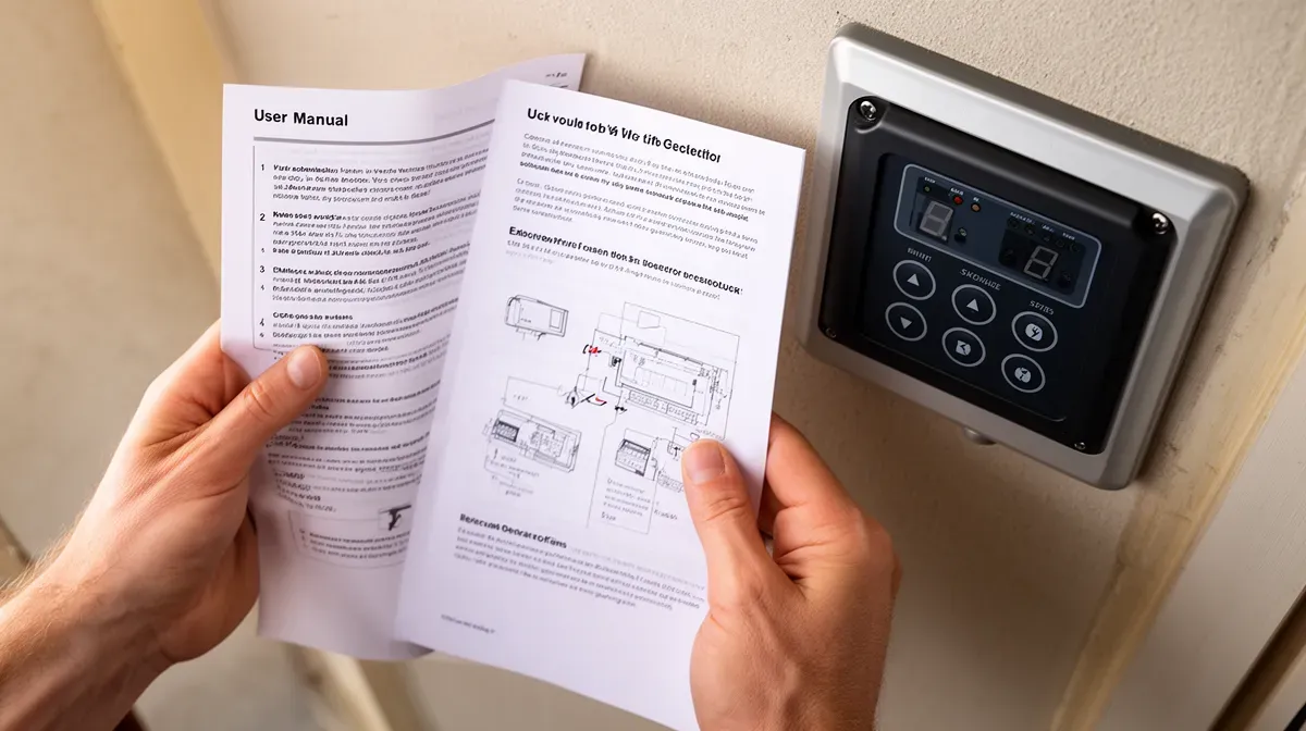 Personne consultant le manuel d'utilisation à côté d'une centrale de portail