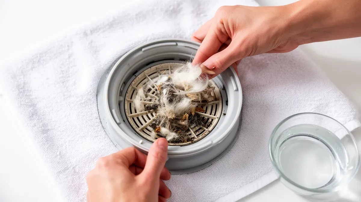 Nettoyage du filtre de vidange d'une machine à laver avec retrait des peluches et débris