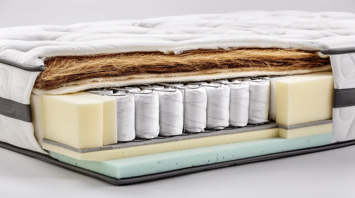 Coupe transversale d'un matelas haut de gamme montrant les couches de ressorts ensachés et de mousse haute densité, illustrant les technologies Gomarco
