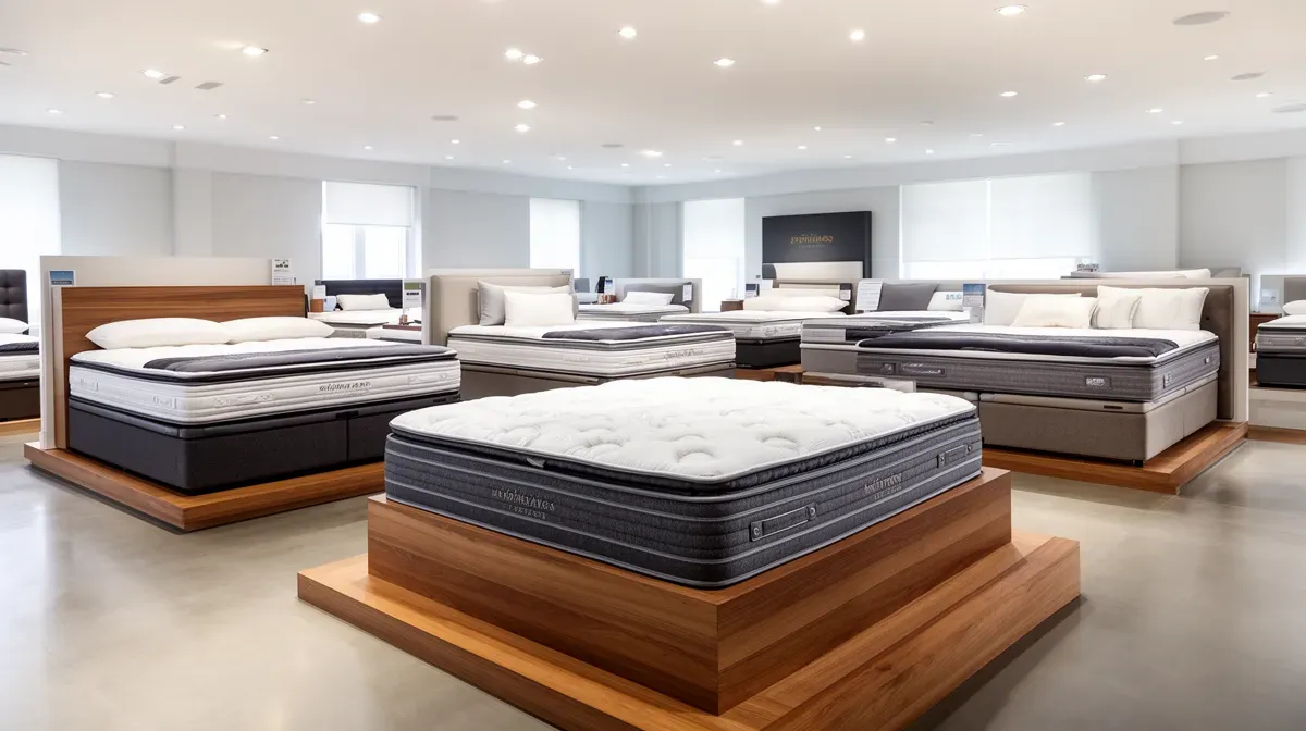 Showroom de matelas modernes présentant plusieurs modèles haut de gamme, illustrant le positionnement prix des matelas Gomarco