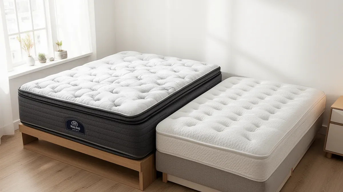 Comparaison visuelle de deux matelas différents dans une chambre lumineuse, illustrant le comparatif entre Gomarco et ses concurrents