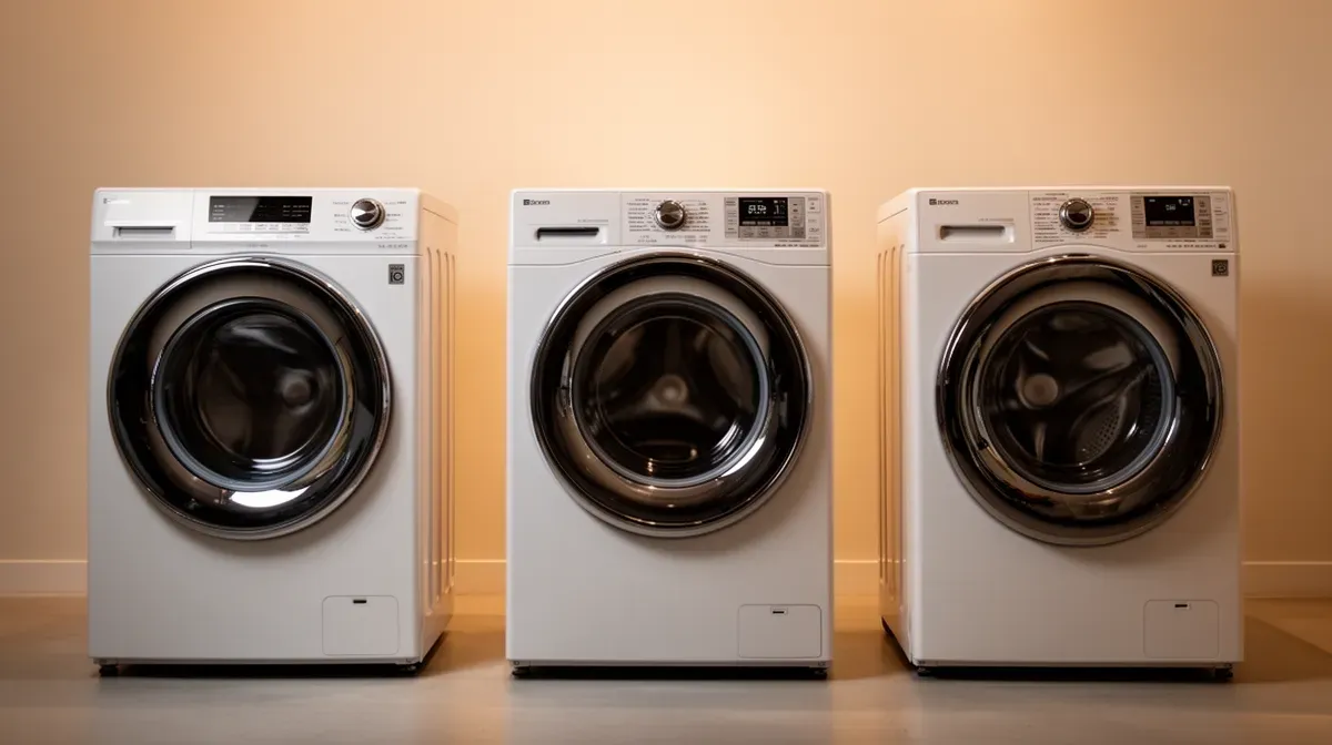Comparatif de trois lave-linge exposés côte à côte en 2026