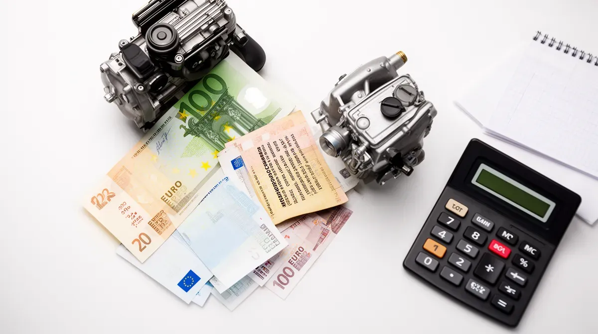 Billets en euros et calculatrice à côté d'un moteur Loncin, illustrant le rapport qualité-prix