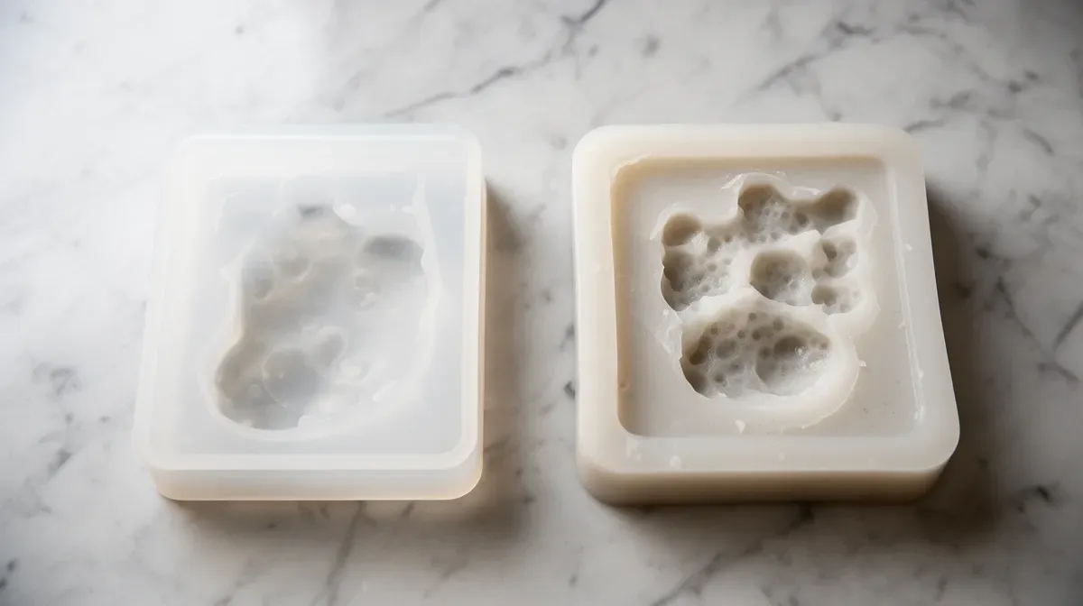 Comparaison de deux moules en silicone, platine et peroxydé, posés côte à côte sur un plan de travail