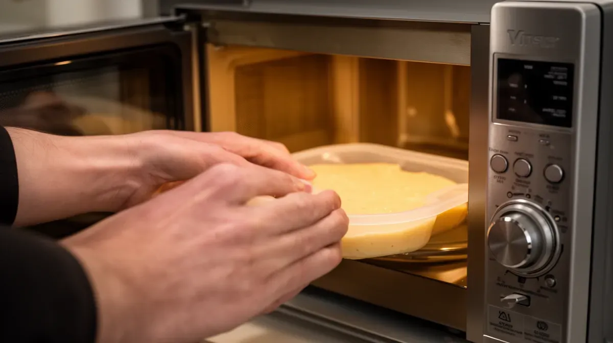 Mains plaçant un moule en silicone rempli de pâte dans un micro-ondes