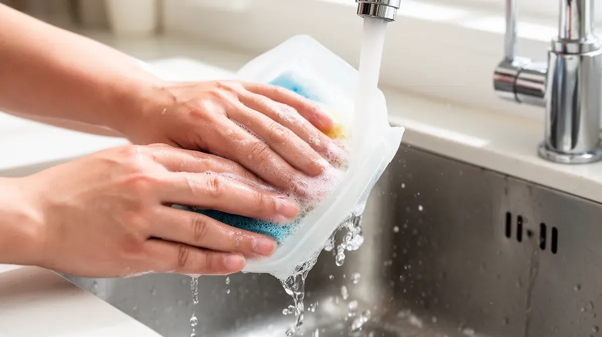 Nettoyage d'un moule en silicone sous l'eau courante dans un évier de cuisine