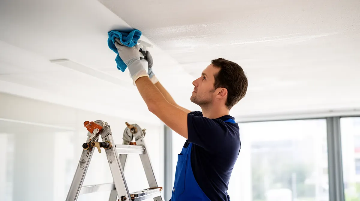 Personne nettoyant un plafond tendu avec un chiffon et un vaporisateur