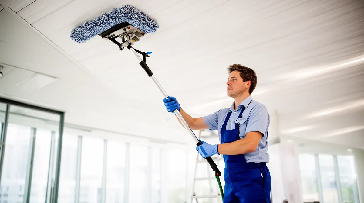 Professionnel nettoyant un plafond tendu avec un équipement spécialisé