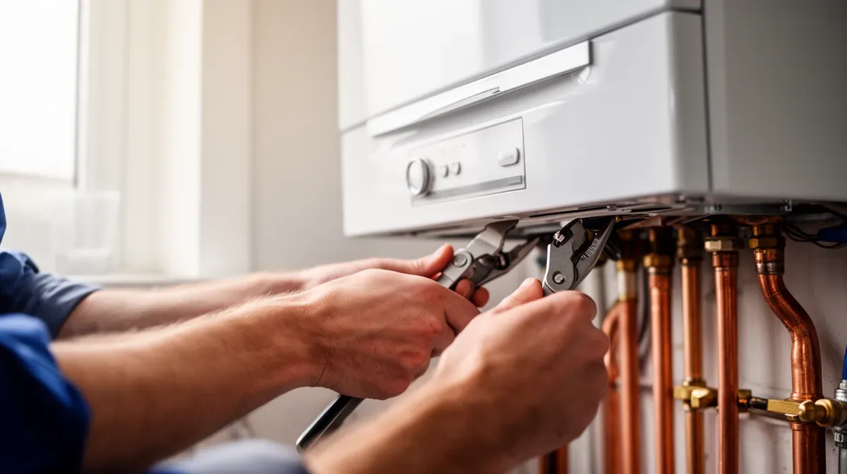 Gros plan sur l'installation d'une chaudière à condensation par un chauffagiste