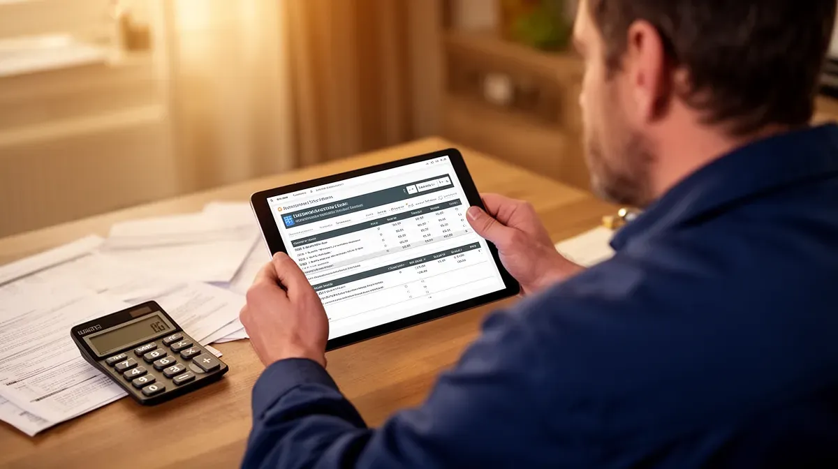 Chauffagiste consultant un devis détaillé sur une tablette dans un bureau
