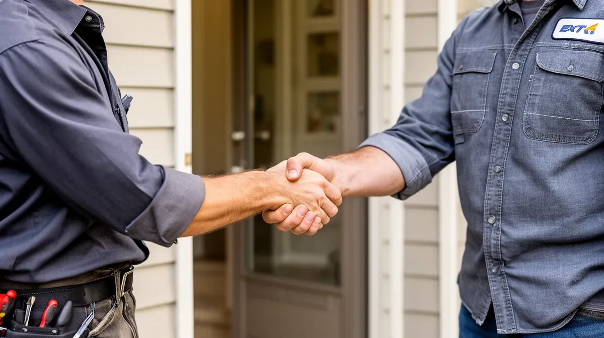 Poignée de main entre un client et un chauffagiste devant une maison
