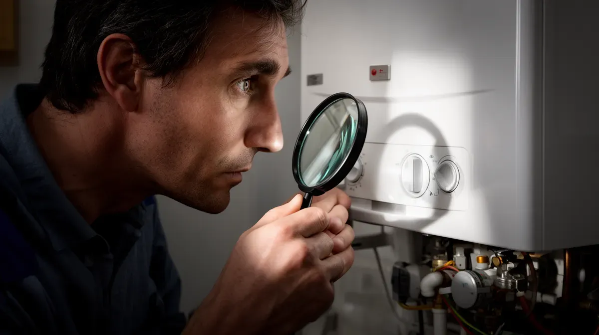 Propriétaire inspectant une installation de chauffage à la loupe pour éviter les pièges
