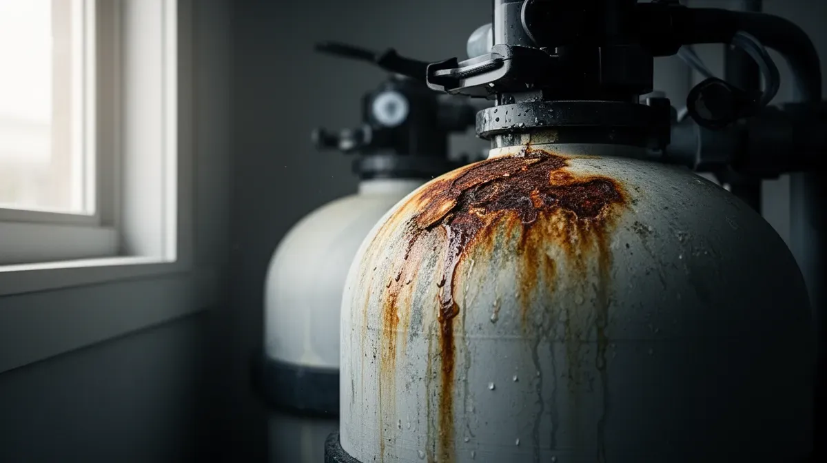 Bloc filtration de piscine usé avec traces de rouille et fuites, illustrant les signes de remplacement