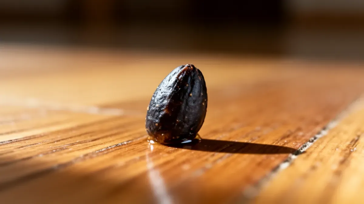 Gros plan sur une crotte de souris noire en forme de grain de riz sur un parquet