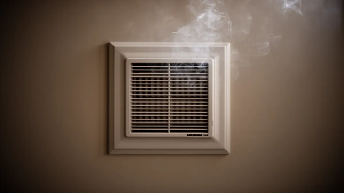 Grille de ventilation avec une légère fumée s'échappant, suggérant une odeur provenant d'un voisin