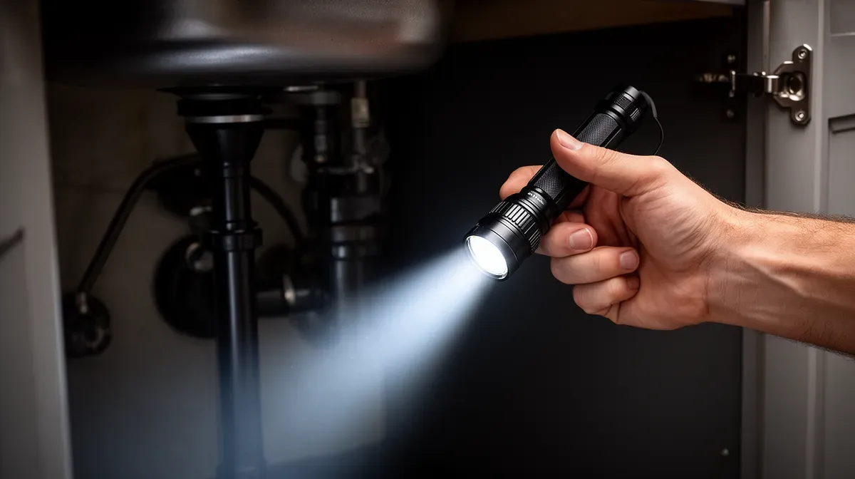 Main tenant une lampe torche inspectant un coin sombre sous un évier de cuisine