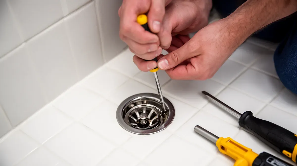 Mains d'un plombier dévissant la grille d'une bonde de douche pour inspecter le siphon