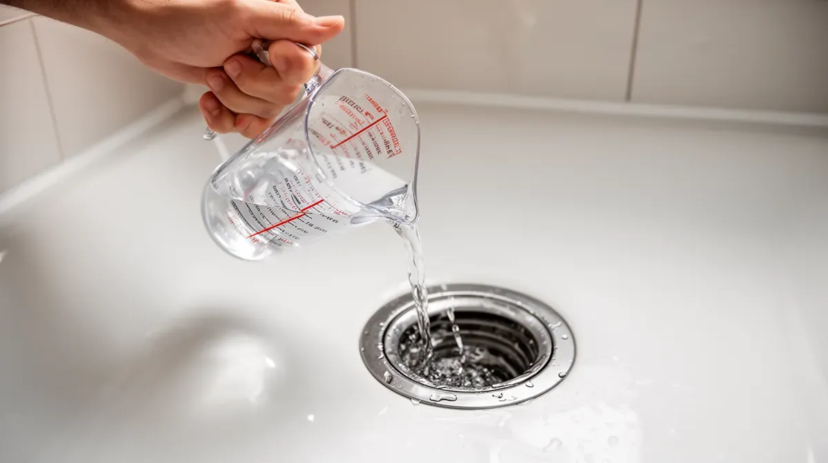 Versement d'eau dans une bonde de douche pour vérifier la garde d'eau et prévenir les odeurs