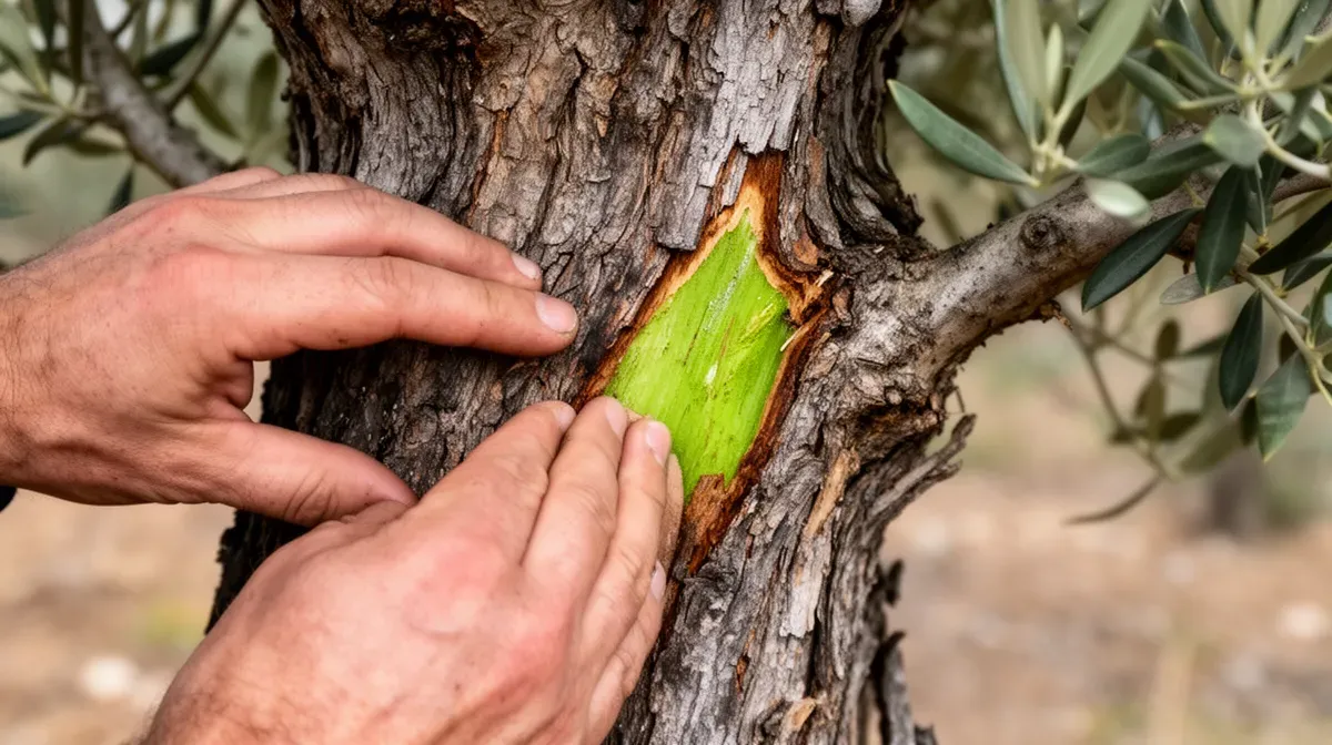 Test de grattage de l'écorce d'un olivier pour vérifier la vitalité du cambium