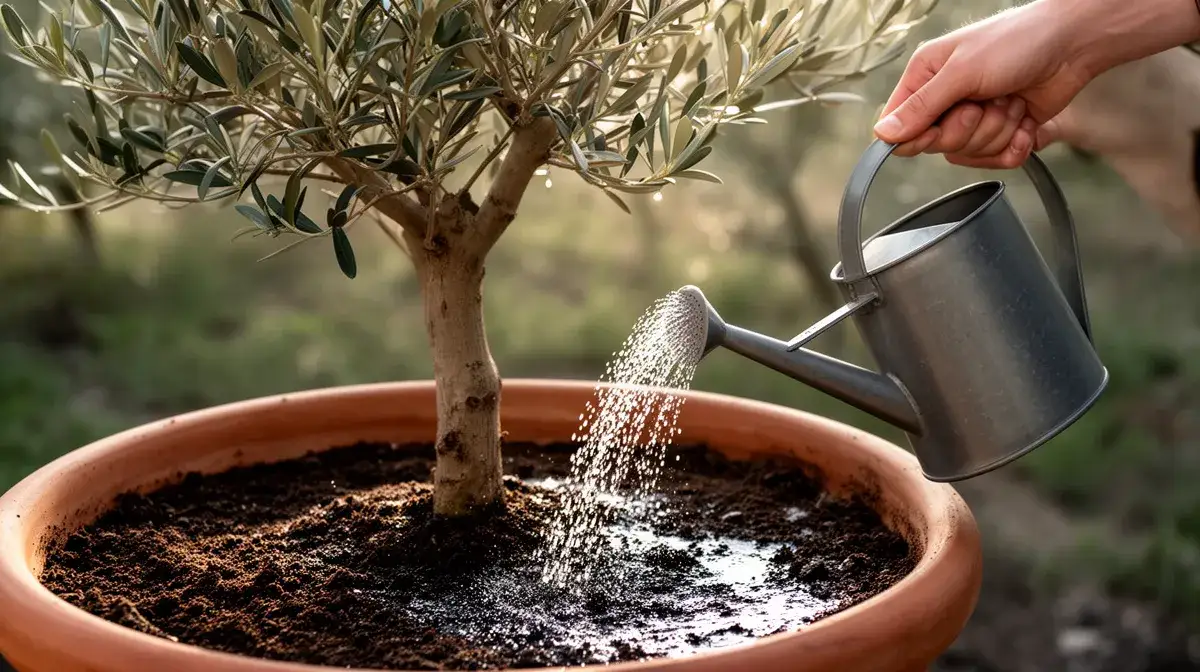Arrosage d'un olivier en pot sans feuilles avec un arrosoir