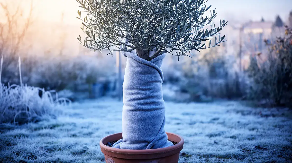 Olivier en pot protégé par un voile d'hivernage contre le gel